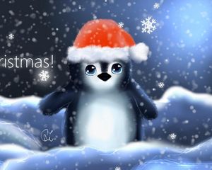 Preview wallpaper penguin, hat, cub, snowflakes, christmas, inscription