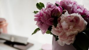 Preview wallpaper peonies, flowers, bouquet, notebook, glasses, aesthetics