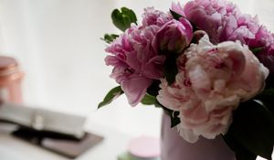 Preview wallpaper peonies, flowers, bouquet, notebook, glasses, aesthetics