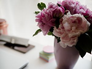 Preview wallpaper peonies, flowers, bouquet, notebook, glasses, aesthetics