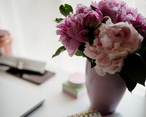 Preview wallpaper peonies, flowers, bouquet, notebook, glasses, aesthetics