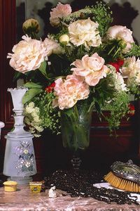 Preview wallpaper peonies, flowers, bouquet, vase, frame, comb, rarity, antiquity