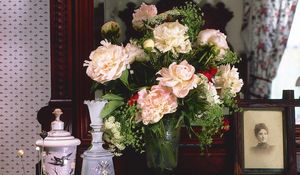 Preview wallpaper peonies, flowers, bouquet, vase, frame, comb, rarity, antiquity