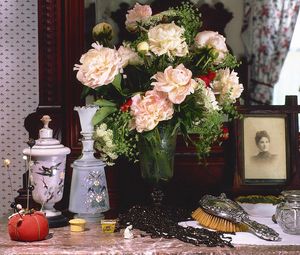 Preview wallpaper peonies, flowers, bouquet, vase, frame, comb, rarity, antiquity