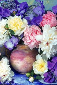 Preview wallpaper peonies, hydrangea, flowers, painting, jugs, flower, beauty
