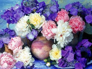 Preview wallpaper peonies, hydrangea, flowers, painting, jugs, flower, beauty