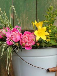 Preview wallpaper peonies, lilies, flowers, bucket, greens, fence