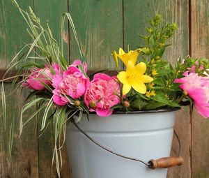 Preview wallpaper peonies, lilies, flowers, bucket, greens, fence