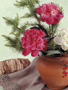 Preview wallpaper peonies, thread, needles, berries, log, tablecloth, pot