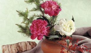 Preview wallpaper peonies, thread, needles, berries, log, tablecloth, pot