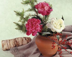 Preview wallpaper peonies, thread, needles, berries, log, tablecloth, pot