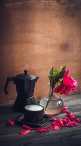 Preview wallpaper peony, flower, petals, coffee, mug, kettle, drink