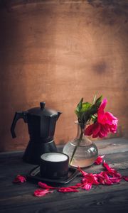 Preview wallpaper peony, flower, petals, coffee, mug, kettle, drink