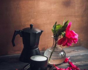 Preview wallpaper peony, flower, petals, coffee, mug, kettle, drink