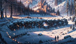 Preview wallpaper people, castle, mountains, snow, winter, art