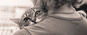 Preview wallpaper people, cat, hugs, affection, black and white