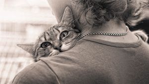 Preview wallpaper people, cat, hugs, affection, black and white