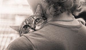 Preview wallpaper people, cat, hugs, affection, black and white