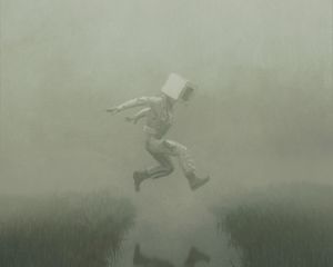 Preview wallpaper people, cube, jump, river, fog, fantasy, art