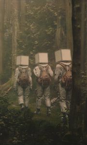 Preview wallpaper people, cubes, backpacks, forest, fantasy, fog, art