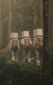 Preview wallpaper people, cubes, backpacks, forest, fantasy, fog, art