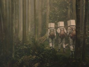 Preview wallpaper people, cubes, backpacks, forest, fantasy, fog, art