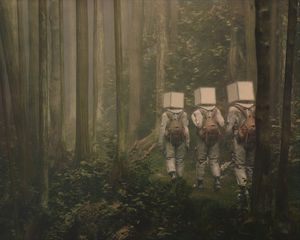 Preview wallpaper people, cubes, backpacks, forest, fantasy, fog, art