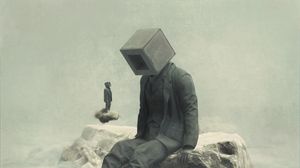 Preview wallpaper people, cubes, pose, stone, fog, art