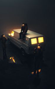 Preview wallpaper people, gas masks, car, dark, art