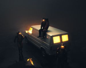 Preview wallpaper people, gas masks, car, dark, art