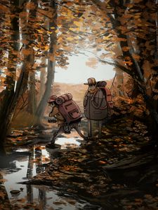 Preview wallpaper people, hike, forest, nature, autumn, art
