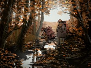 Preview wallpaper people, hike, forest, nature, autumn, art