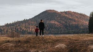 Preview wallpaper people, hill, forest, landscape, puddle, reflection