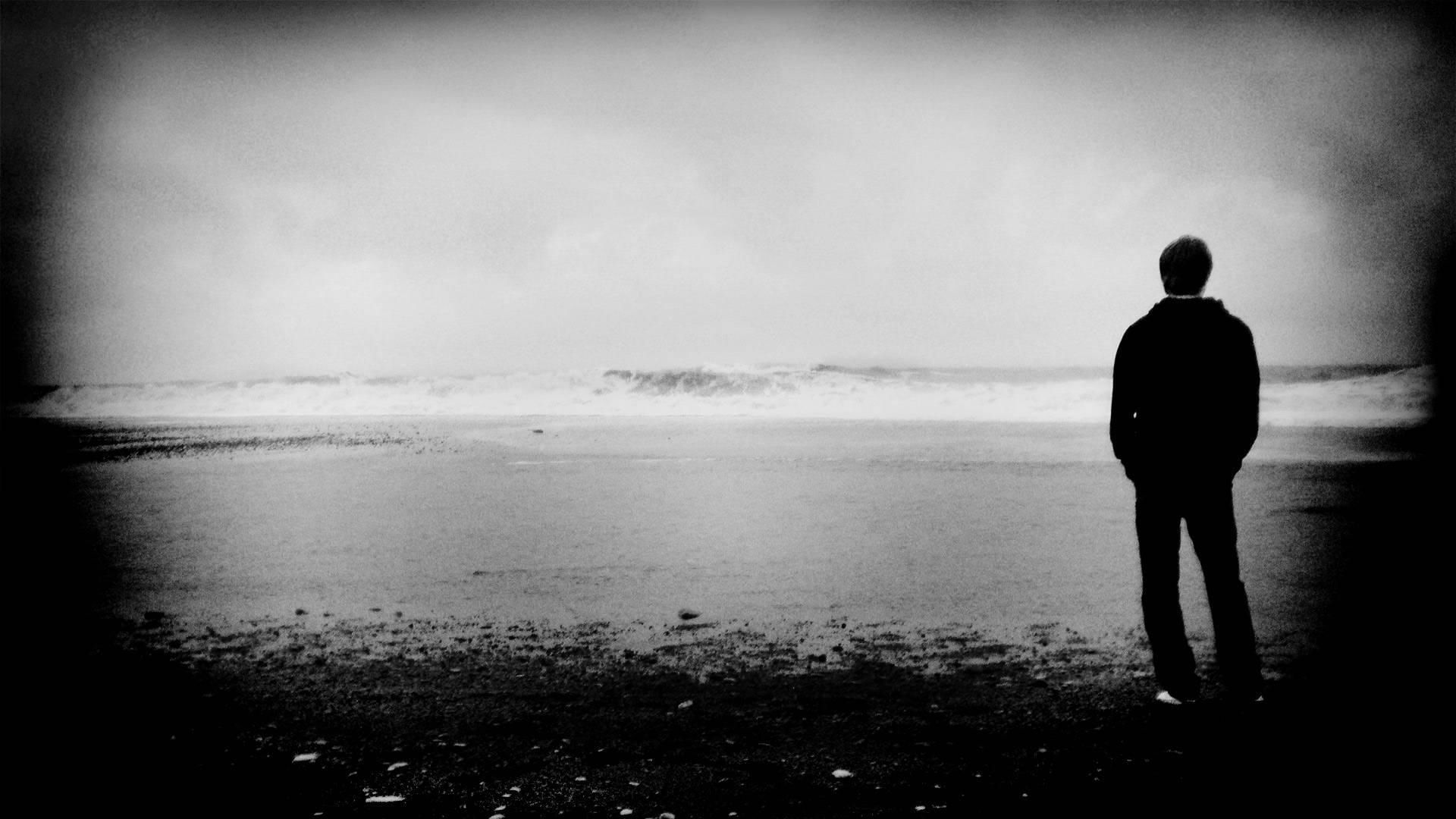 1920x1080 Wallpaper people, shore, solitude, reflection, black and white