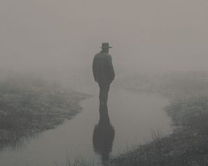 Preview wallpaper people, silhouette, river, fog, alone, art