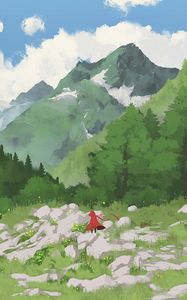 Preview wallpaper people, silhouette, trees, mountains, art