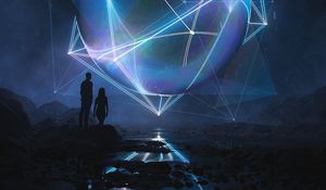 Preview wallpaper people, silhouettes, ball, glow, illusion, dark