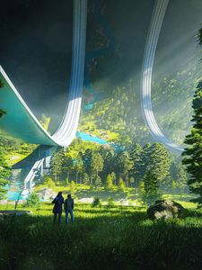 Preview wallpaper people, silhouettes, grass, trees, art