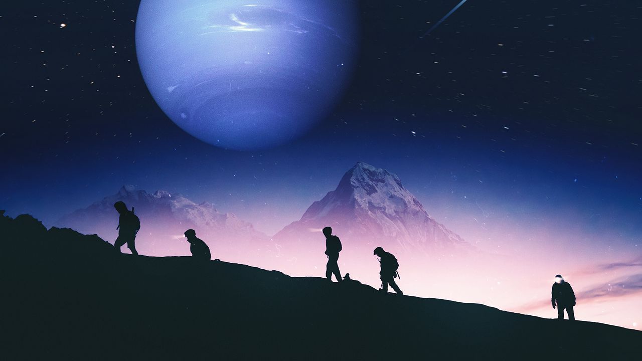 Wallpaper people, silhouettes, mountains, planet, space