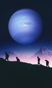 Preview wallpaper people, silhouettes, mountains, planet, space