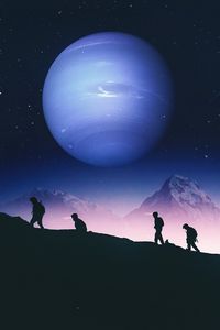 Preview wallpaper people, silhouettes, mountains, planet, space