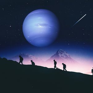 Preview wallpaper people, silhouettes, mountains, planet, space