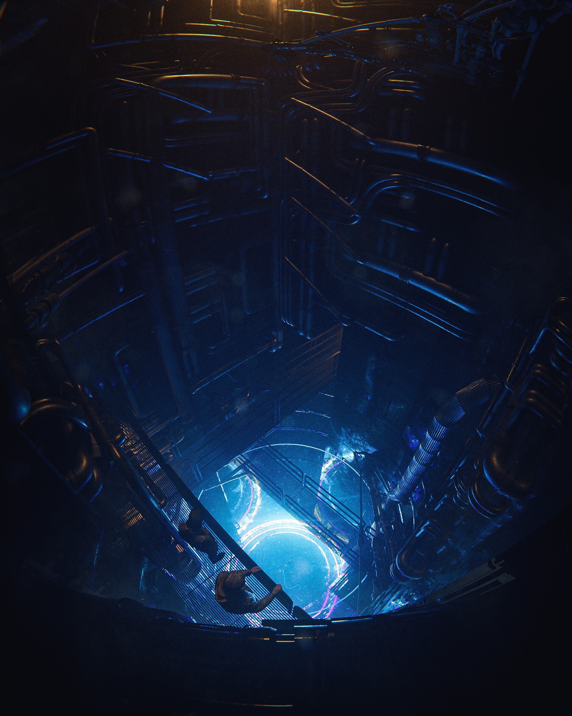1920x2400 Wallpaper people, silhouettes, reactor, pipes, glow, art