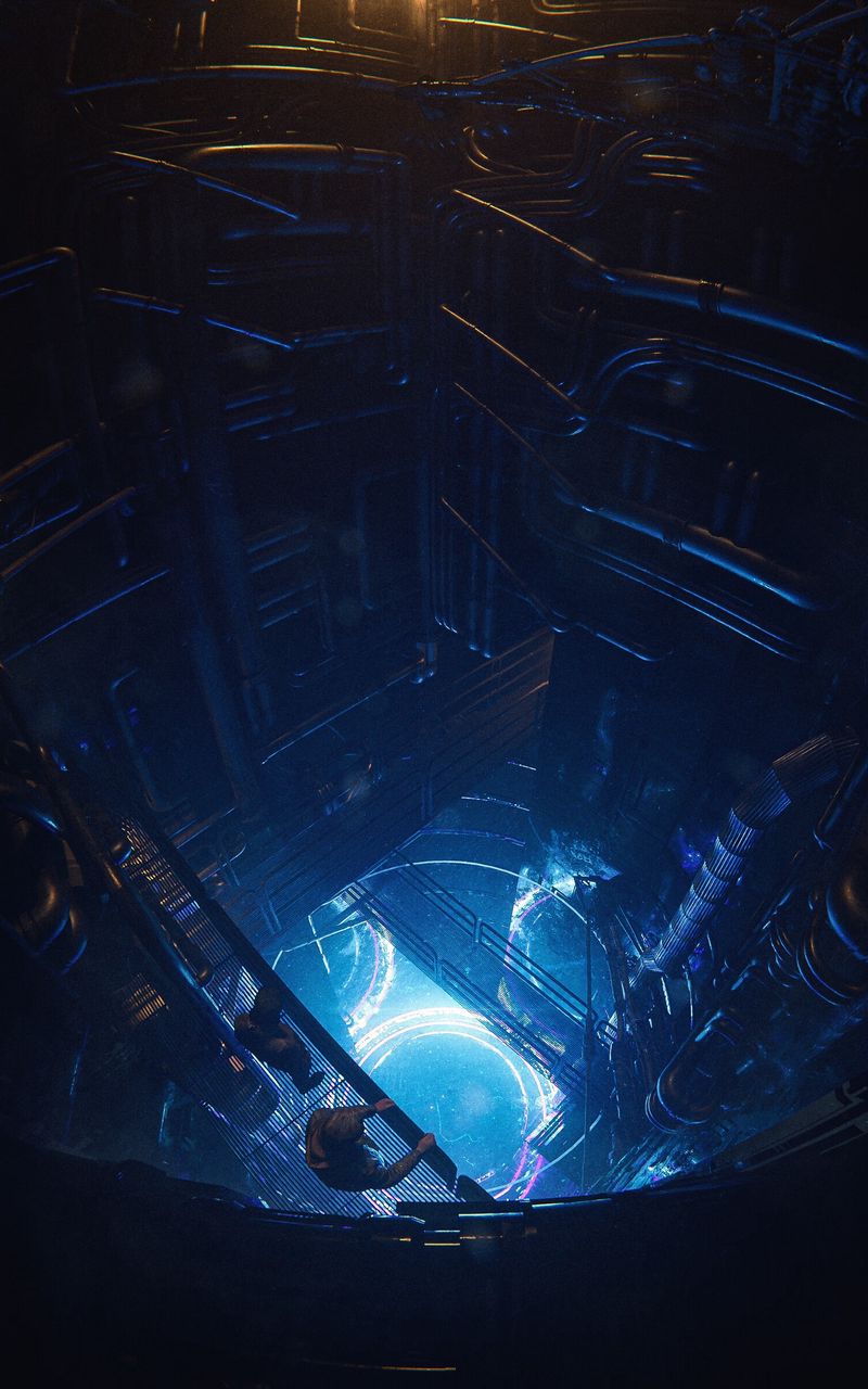 800x1280 Wallpaper people, silhouettes, reactor, pipes, glow, art