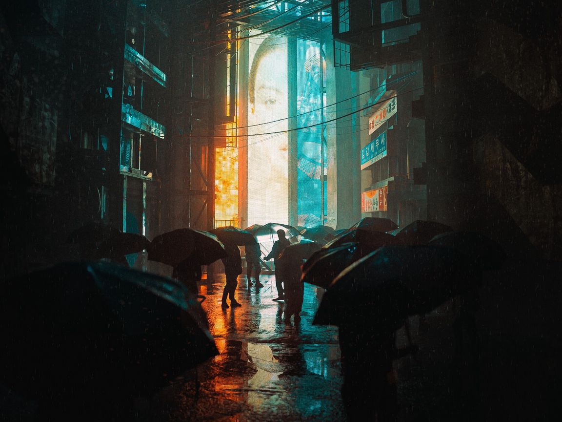 1152x864 Wallpaper people, silhouettes, umbrellas, street, rain, art