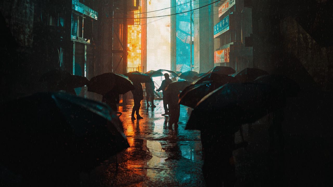 Wallpaper people, silhouettes, umbrellas, street, rain, art
