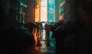 Preview wallpaper people, silhouettes, umbrellas, street, rain, art
