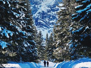 Preview wallpaper people, winter, mountains, forest, snow