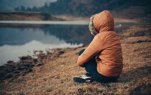 Preview wallpaper person, hood, loneliness, sad, nature, lake