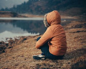 Preview wallpaper person, hood, loneliness, sad, nature, lake